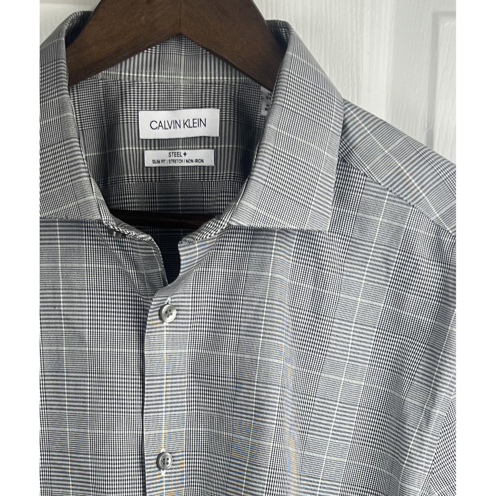 Calvin Klein Shirt Mens Large Gray Plaid Steel Plus Slim Fit‎ Stretch Non Iron